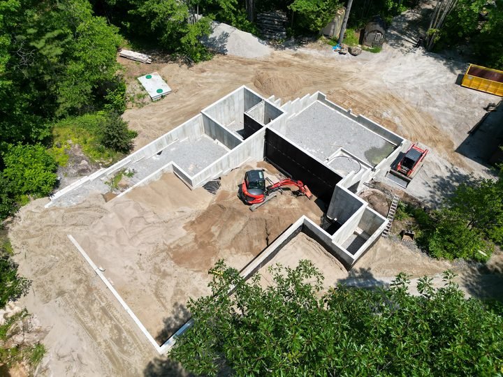 Aerial view of a completed concrete foundation